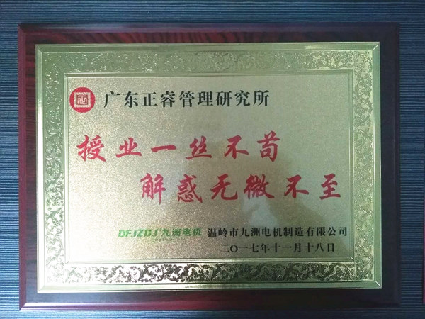 溫嶺市九洲電機制造有限公司贈與廣州正睿授業(yè)一絲不茍與，解惑無微不至牌匾